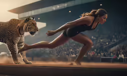 a woman is running with a leopard in the background