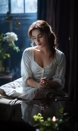 woman in white dress looking down as she sits on bed