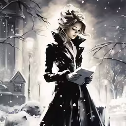 a painting of a woman in black clothes reading a book,a woman in black is standing outside in the snow