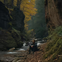 the girl sitting on the ground near a stream
