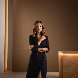 a woman in black standing with her arms crossed
