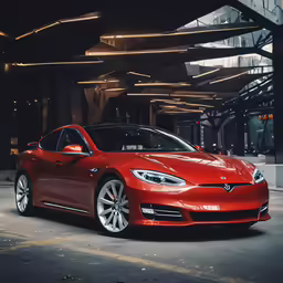 the red sports car is parked in the large building