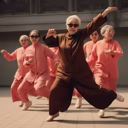 an old man in pink is dancing with others,an older man in sunglasses performs with others