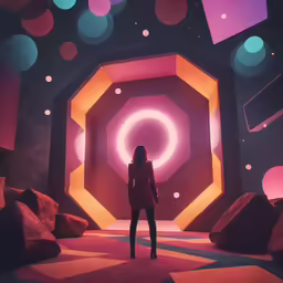 a woman standing in a room with colorful lights