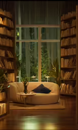 the room is filled with lots of books and plants
