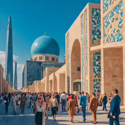 people walking in front of many tall buildings with domes on the sides