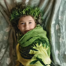 a child laying on top of a bed in green
