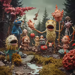 several different sized toys are sitting in front of a group of trees