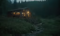 there is a cabin that is in the forest