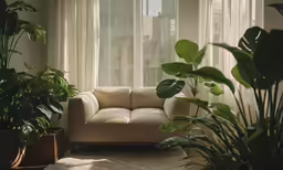 an elegant living room is photographed with potted plants in the sun