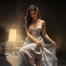 a woman in white gown cutting on a silver string