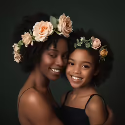 two young girls posing for a photograph with flowers in their hair