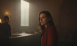a woman in a red jacket standing in a room