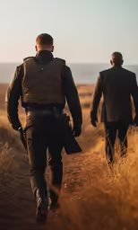 a couple of men are walking through the desert