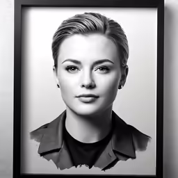 a portrait of a woman with short hair in black frame