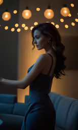a woman in blue dress looking at lights