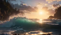 the ocean waves crash on the shore as the sun is setting,a bright sun shines in over the water with strong waves