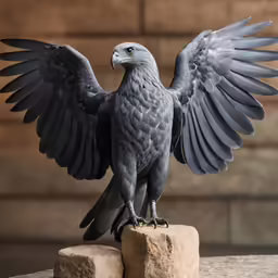 a grey bird with big, feathery wings stands on a rock