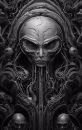 a demonic looking alien head with tentacles surrounding it