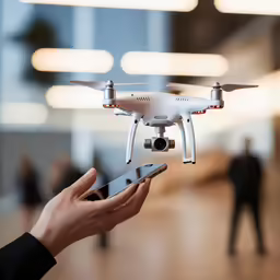a person holding up a small white flying unmanned object