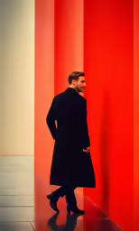 the man stands by the wall with his hands on his hips