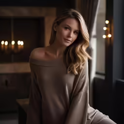 a woman in tan is sitting by the window
