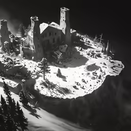 a large castle on top of a mountain with trees in it