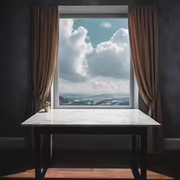 a table with curtains is shown in front of a window