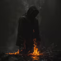 a person standing next to a bonfire wearing a hoodie