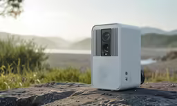 this photo shows the front of a small, white home theater system
