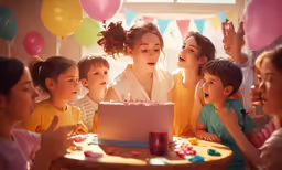 a group of children sitting at a table with a cake