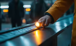 a person with a glowing light on a long table
