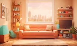 a beige colored room with a couch and some books