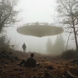 an alien man stands over a forest in front of a hovering object