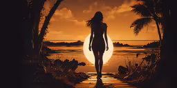 a woman is walking down the path to the ocean,a woman walking down a path at sunset
