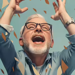 a man with glasses is surprised by falling leaves