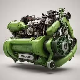 the green engine is positioned in front of a grey background
