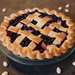 a pie with blueberries is on top of a glass plate