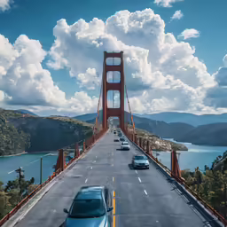 the cars are driving over the golden gate bridge