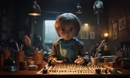 the little boy is sitting at the computer