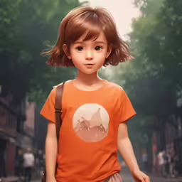 the little girl is wearing an orange shirt