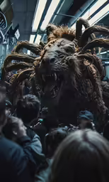 a large crowd of people watching an animal made of wood