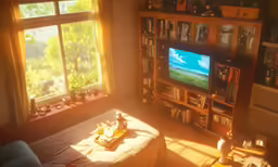 a living room with a television and bookcase