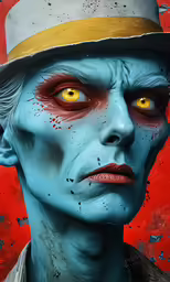 a painting of a person wearing a hat and blue skin with a surprised look
