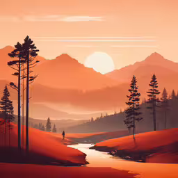there are some trees near the water and the mountains,a stream running through a field with tall trees