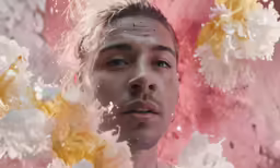 young man looking through floral decorated glass to face