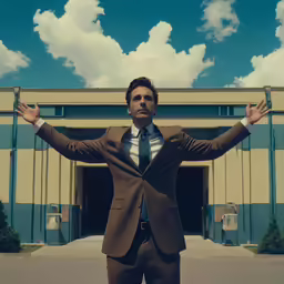 a man is standing in front of a building with his hands extended