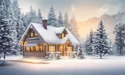 a house that is next to trees in the snow
