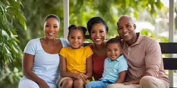 an african american family sits on a bench