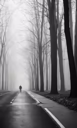 a person walking down a foggy road lined with trees